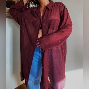 Lane Bryant Intimates Sheer Gown/Blouse Sz 18/20 Maroon Print V-Neck Tie Wrists